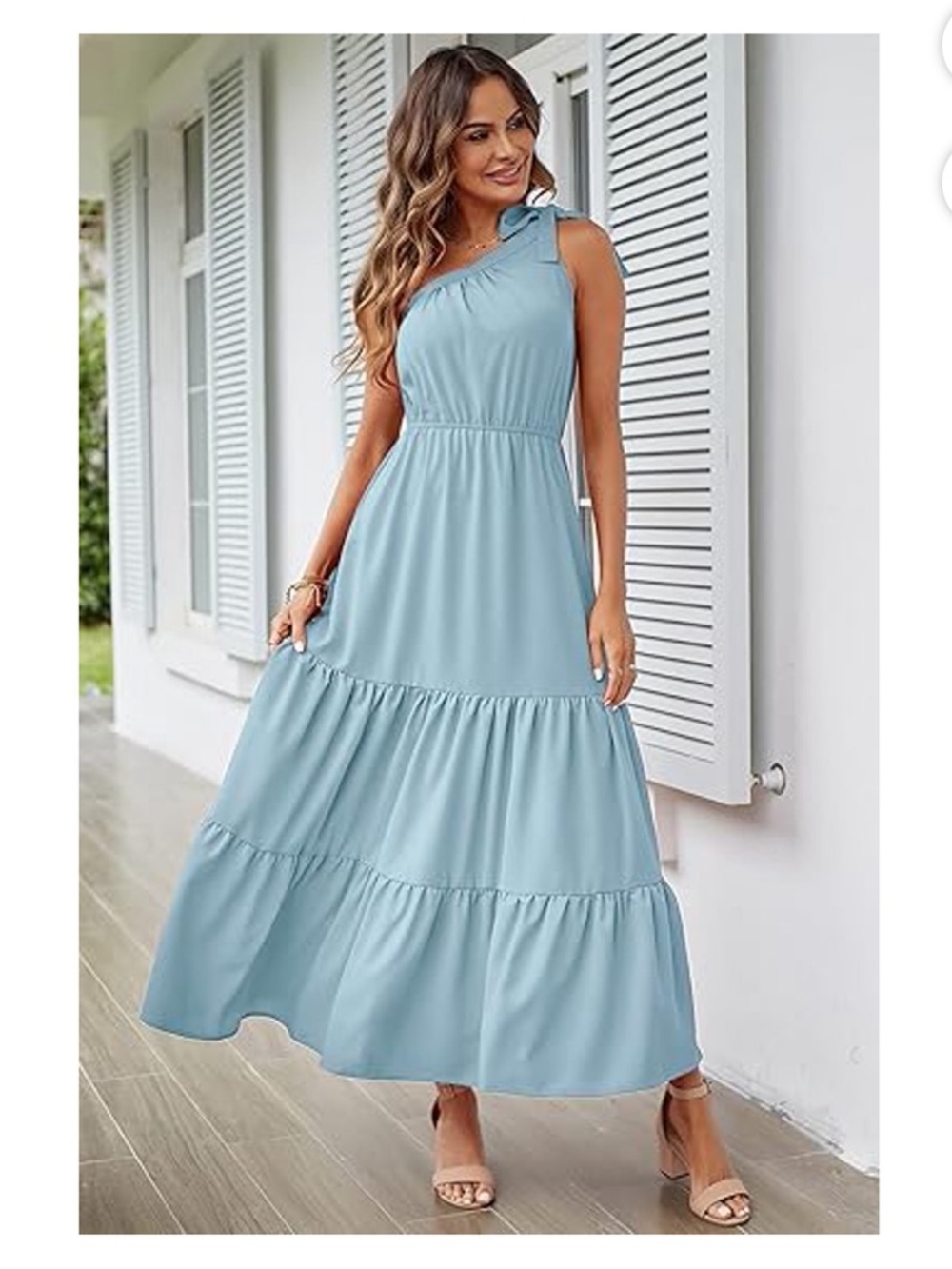 Pretty Garden One-Shoulder Tiered Maxi Boho Dress in Light Blue Medium